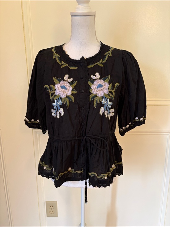 Jennifer & Grace Tops - Black Floral Cotton Embroidered Peplum Blouse